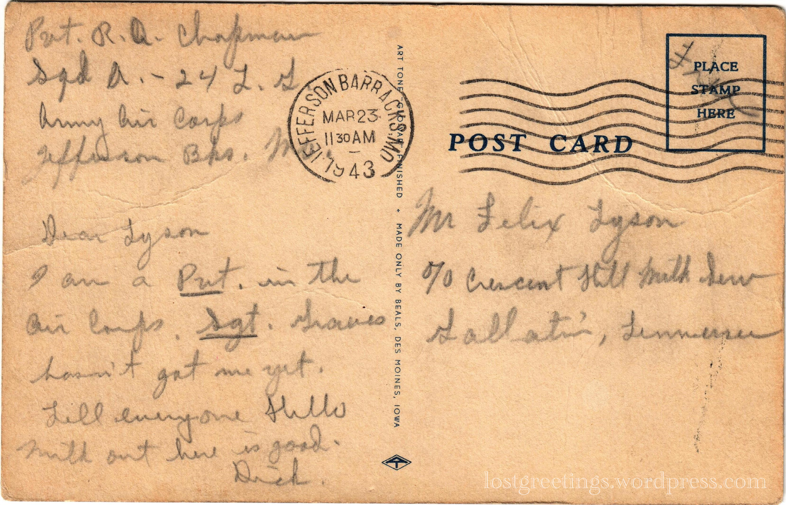 1943 Comic Postcard Message - Jefferson Bks Missouri lg